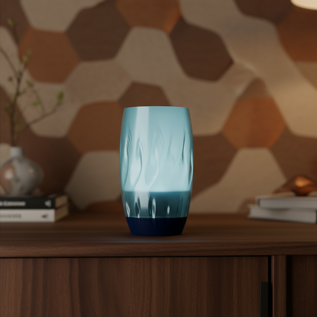 Twist Flame Vase tall barrel form organic wave flame dimple texture translucent ice blue upper body matte deep navy black base warm walnut sideboard mid-century interior hexagon wall art bokeh background hero shot