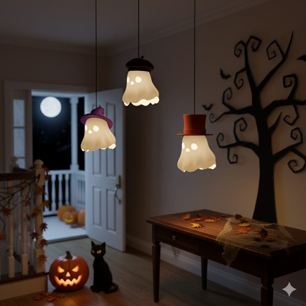 Ghost hanging lamp shades with different hats in a Halloween room