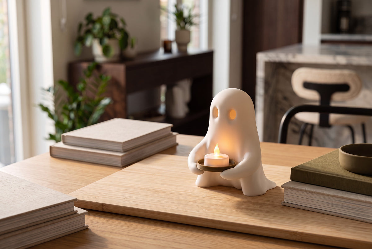 Small white ghost holding an LED tealight tray on a modern wooden desk