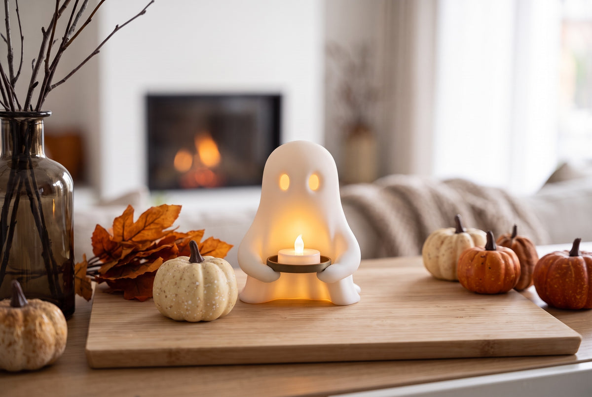 White Halloween ghost holding a glowing LED tealight tray in an autumn living room