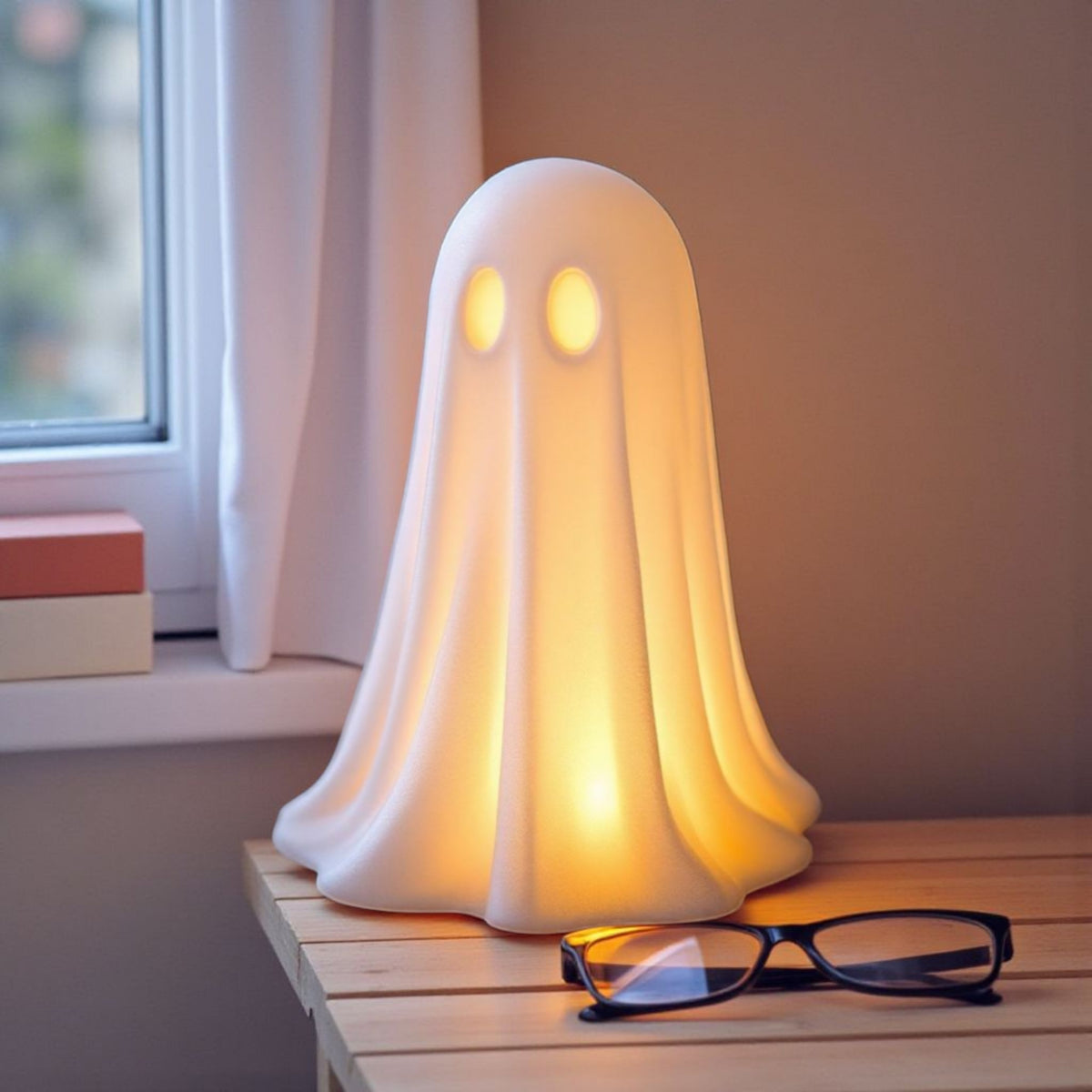 White glowing Halloween ghost decoration on dark mantelpiece with mini pumpkins and orange fairy lights