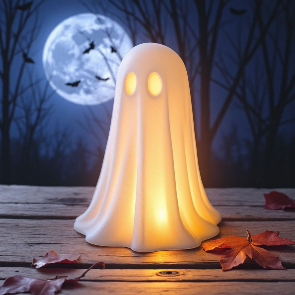 White glowing Halloween ghost with warm amber LED eyes on wooden surface with autumn leaves