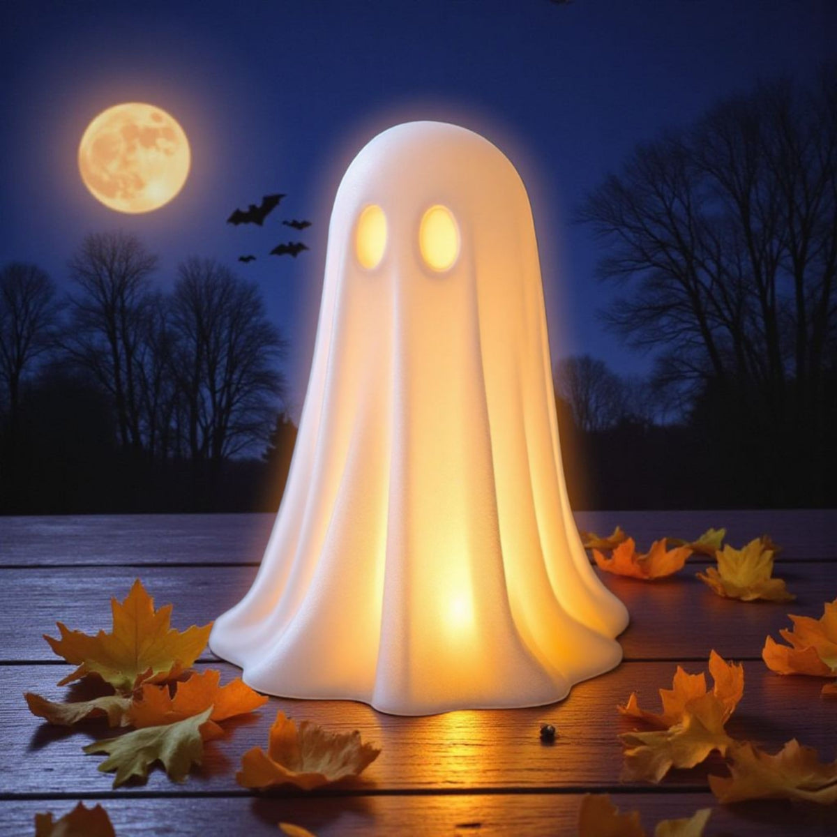 White Halloween ghost glowing on windowsill at night with plants in background