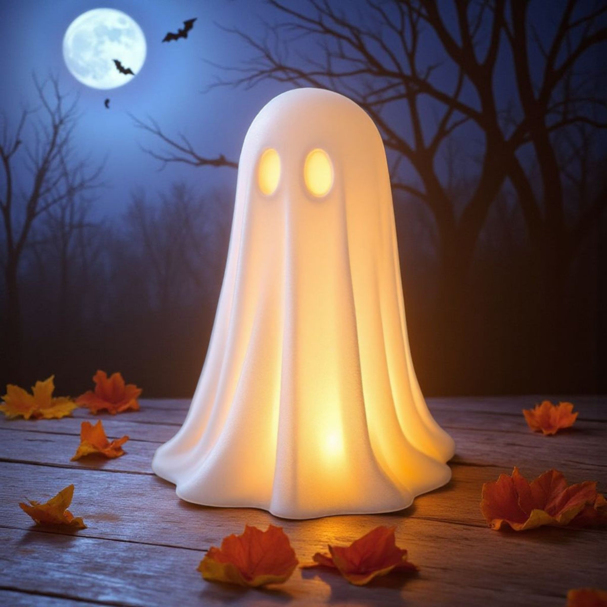 White Halloween ghost glowing on windowsill surrounded by green plants warm amber light