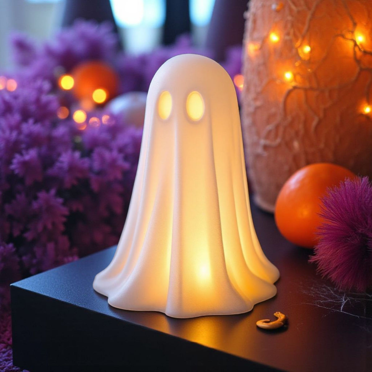 White Halloween ghost glowing on windowsill with houseplants bright lifestyle shot