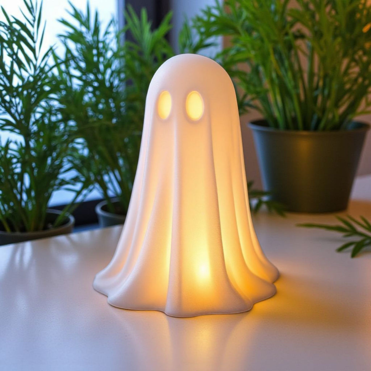White Halloween ghost on dark background full glow studio shot