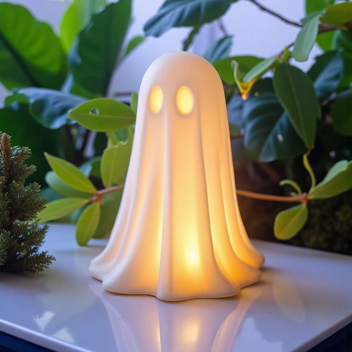 White Halloween ghost product shot top down with autumn leaves and acorns