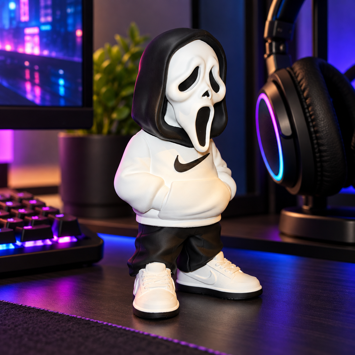 Ghost with Hoodie decorative figure displayed with trainers and sneakers
