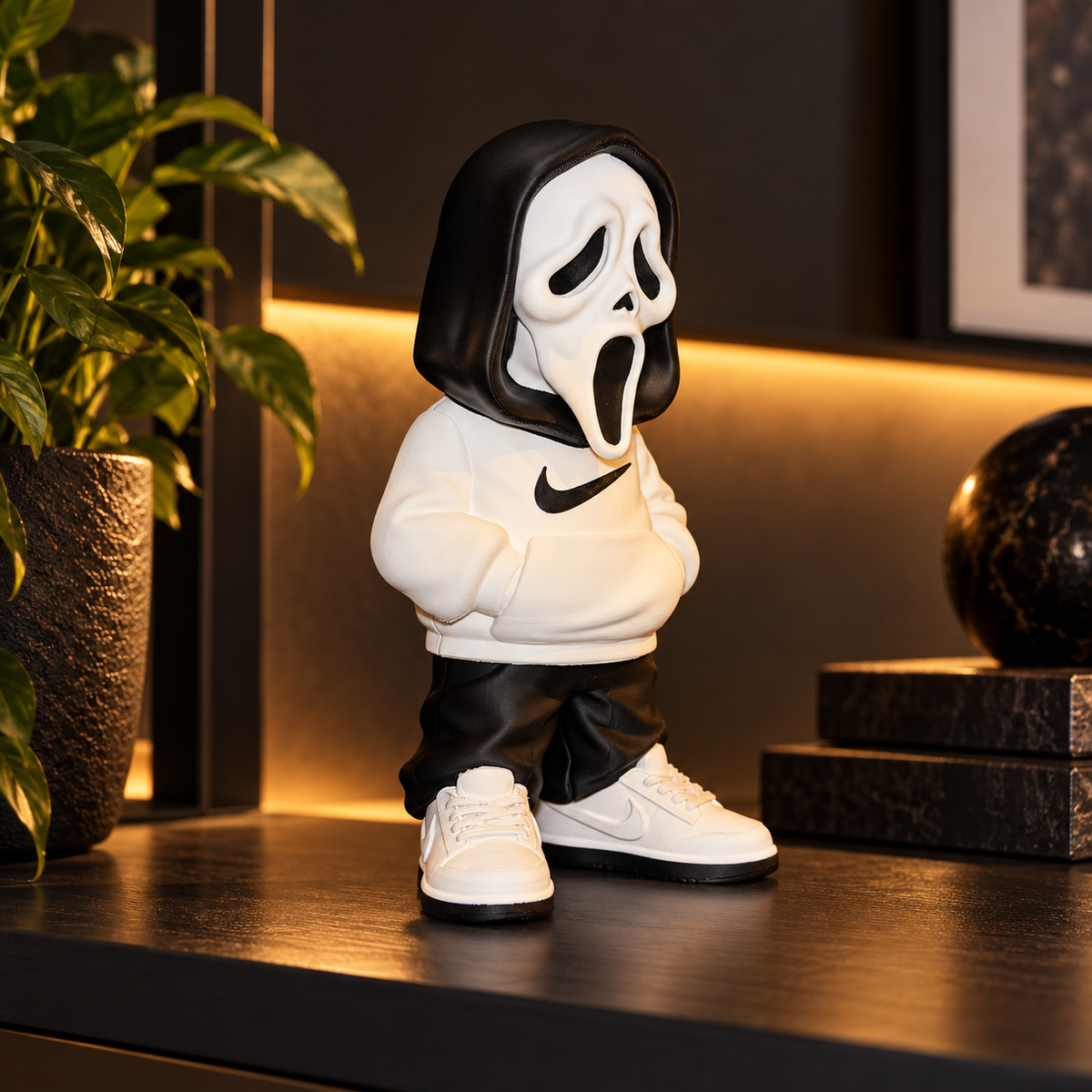 Ghost with Hoodie monochrome decorative figure displayed in a modern dark interior
