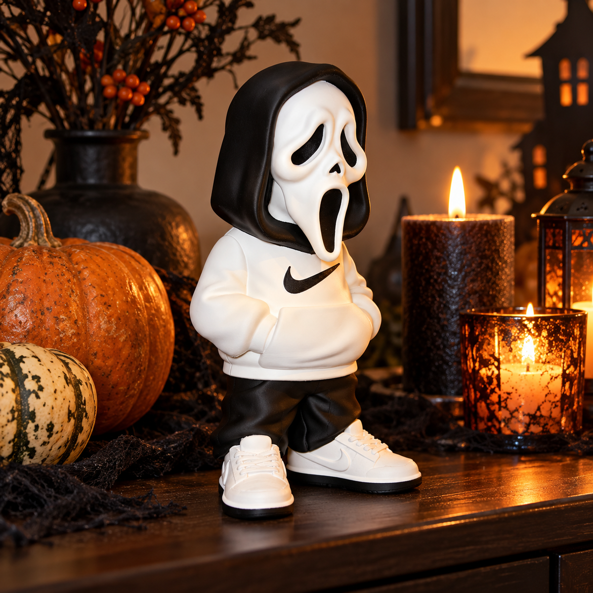 Ghost with Hoodie decorative figure displayed in a modern bedroom