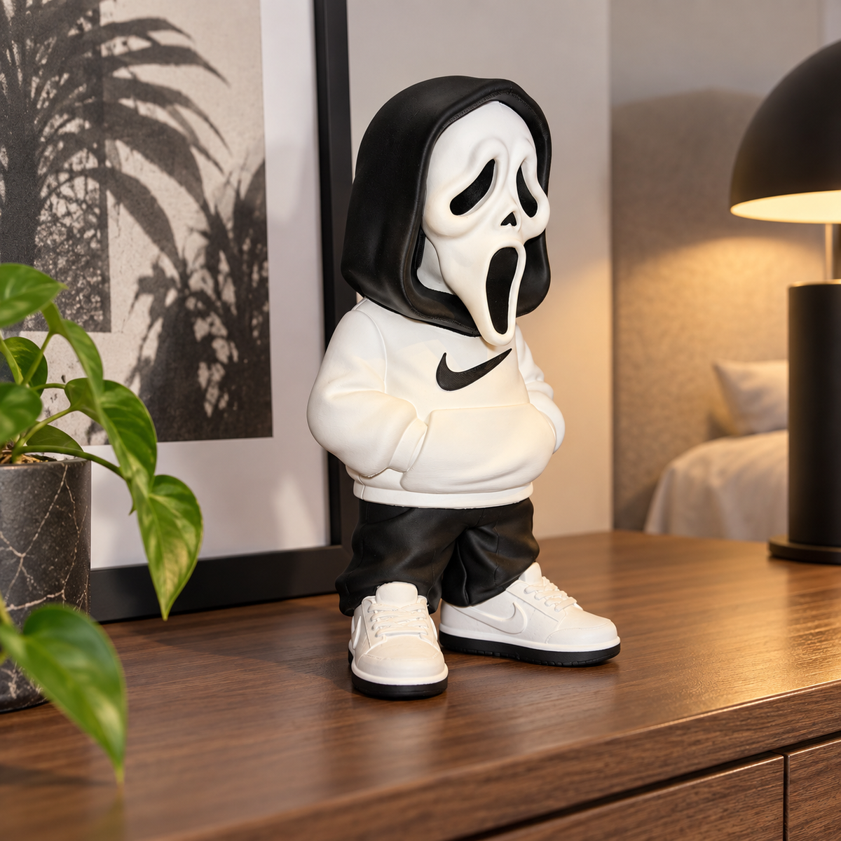 Ghost with Hoodie decorative figure displayed in a colourful gaming setup