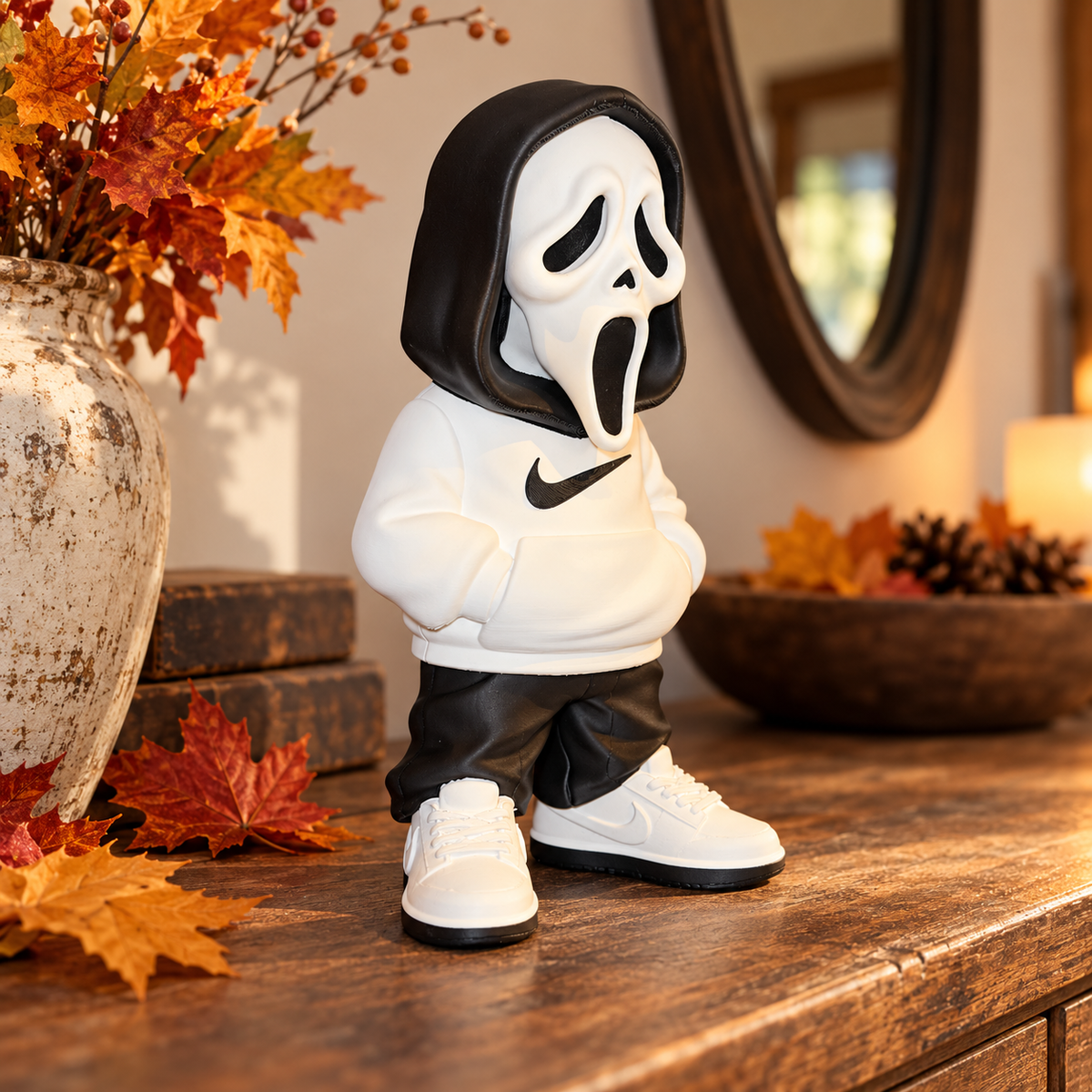 Ghost with Hoodie decorative figure displayed inside a glass collector cabinet