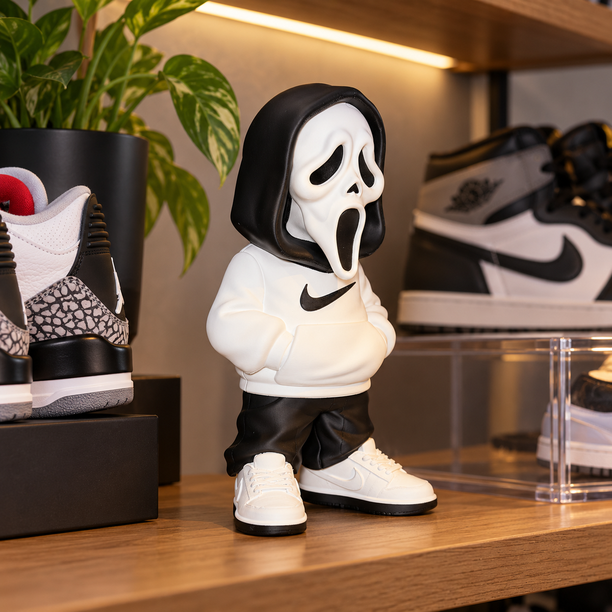 Ghost with Hoodie decorative figure styled with autumn leaves and modern home décor