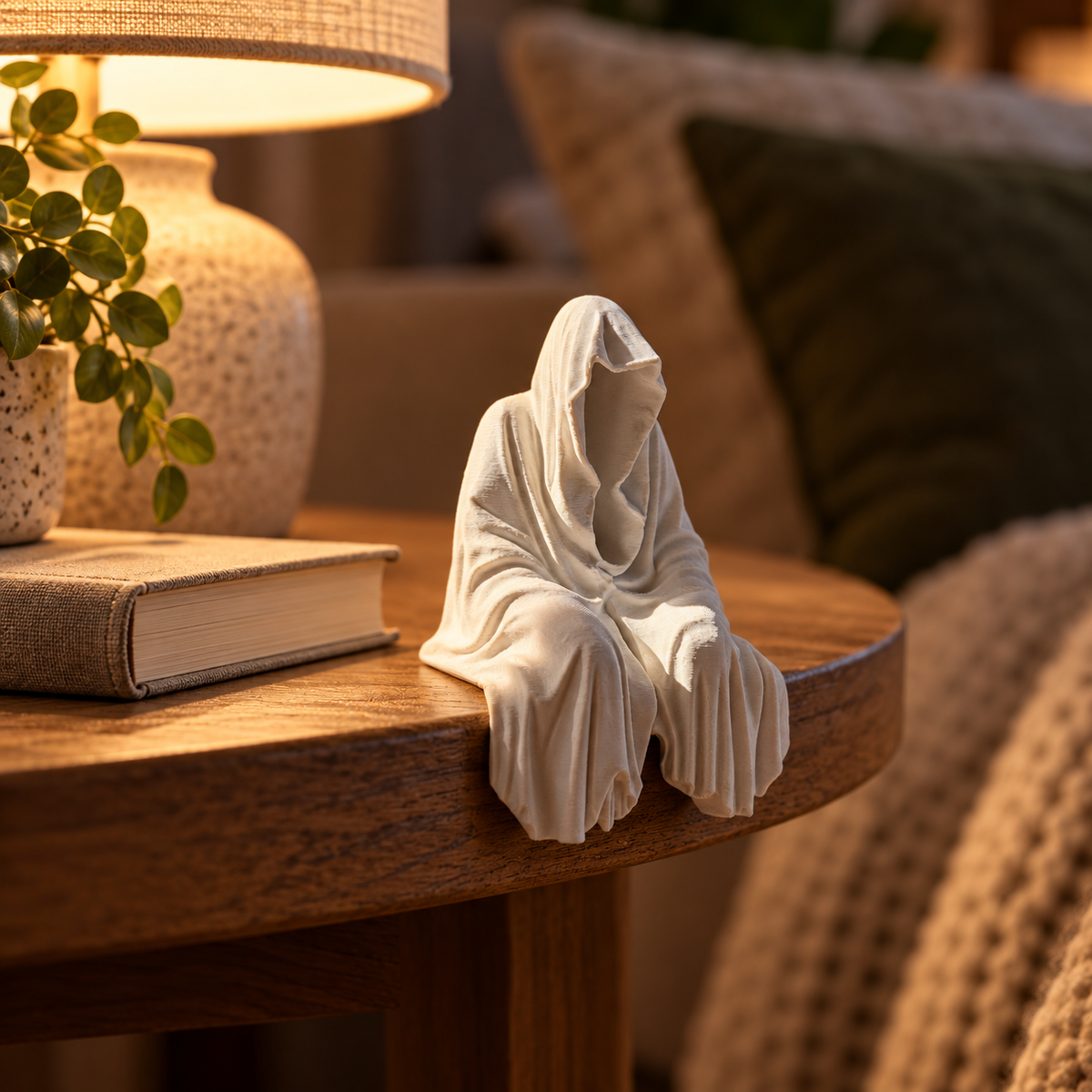 Grim Reaper Chillin seated hooded decorative figure styled with candles and autumn foliage