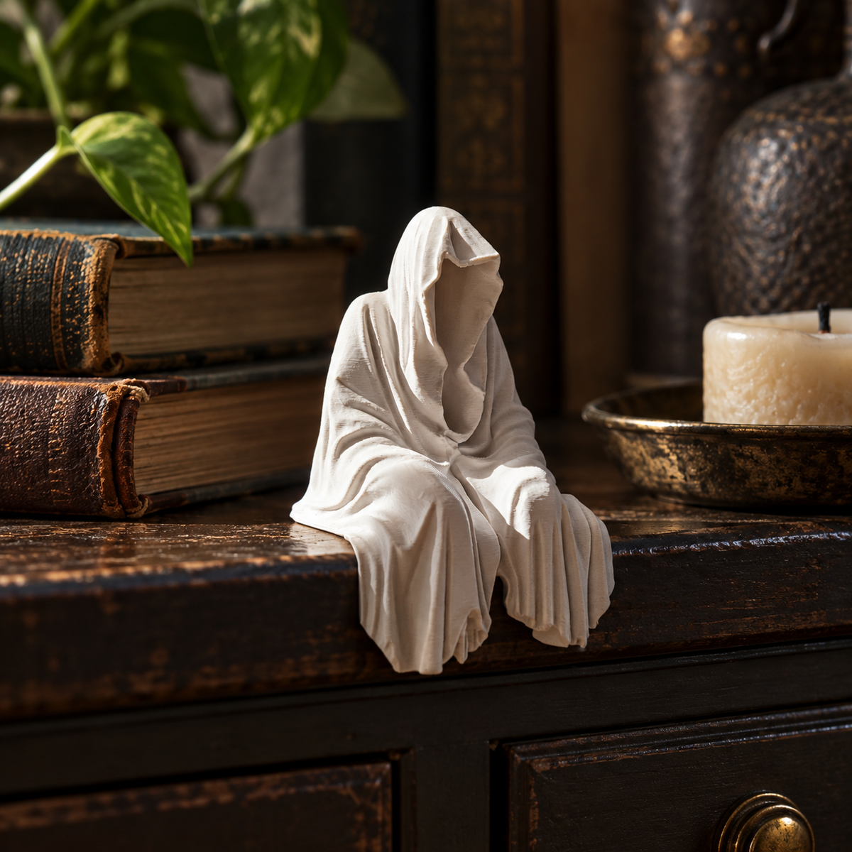 White Grim Reaper Chillin seated decorative figure displayed beside a window and ceramic vase