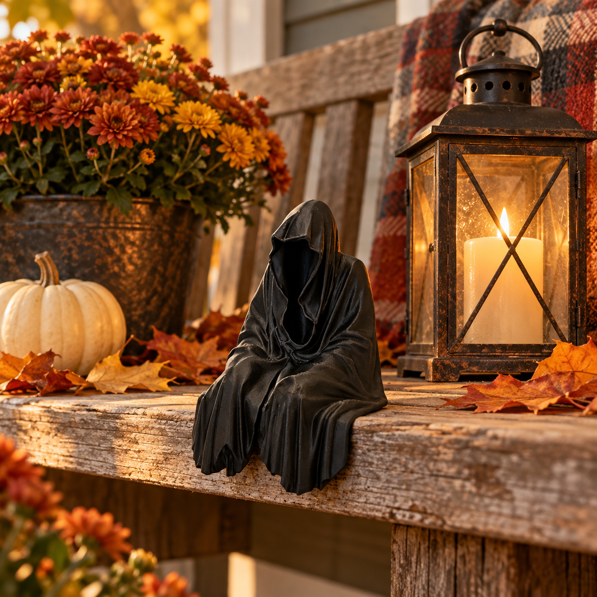 White Grim Reaper Chillin seated decorative figure displayed with books and warm home lighting
