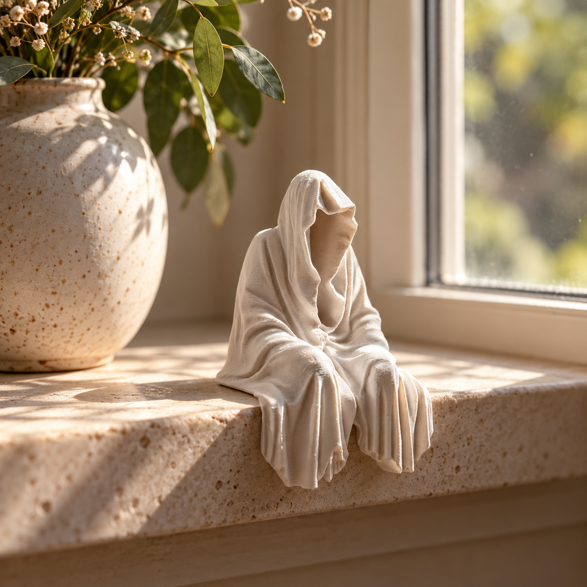 White Grim Reaper Chillin seated decorative figure displayed on a wooden shelf in a cosy interior