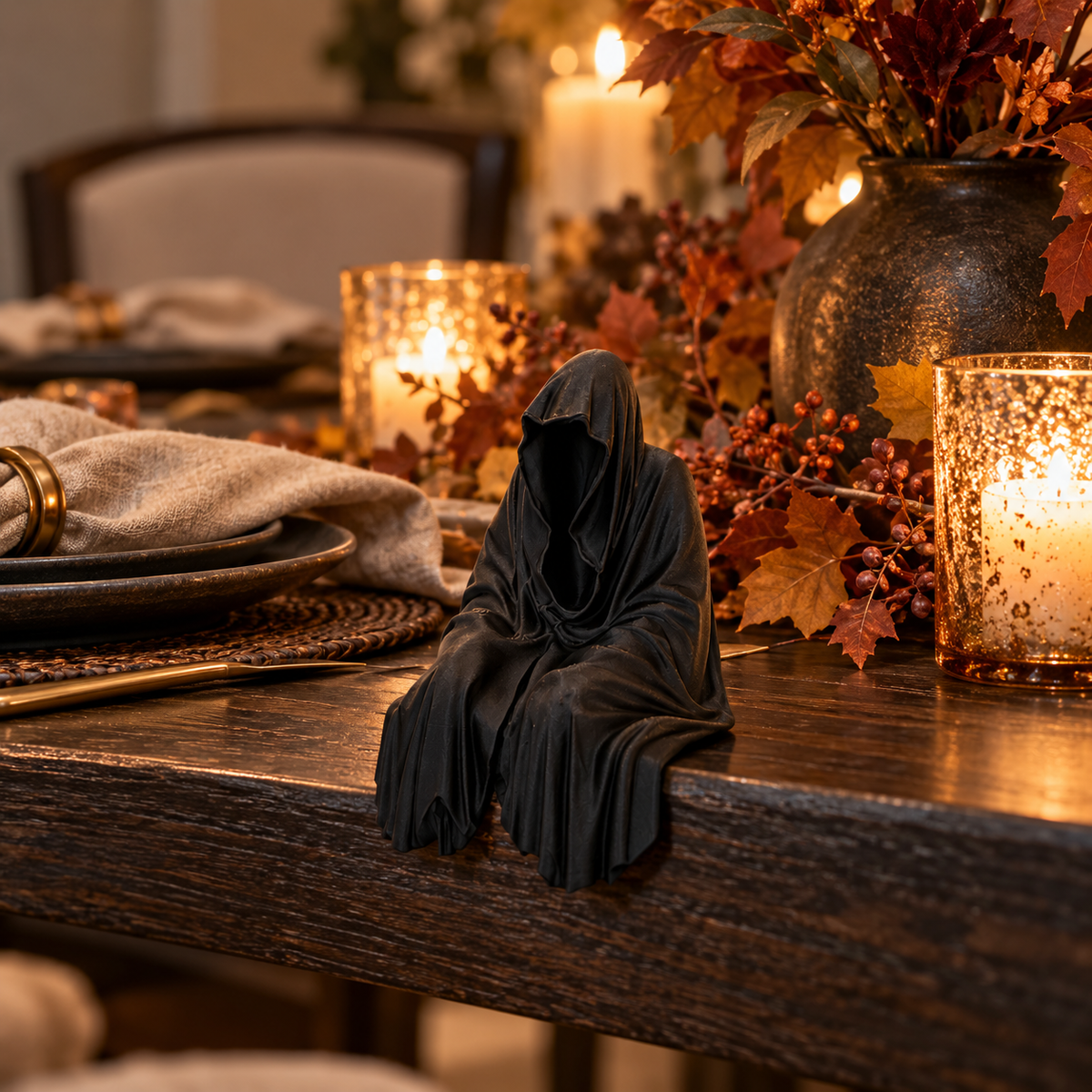 Black Grim Reaper Chillin seated decorative figure styled with a lantern, pumpkins and autumn flowers