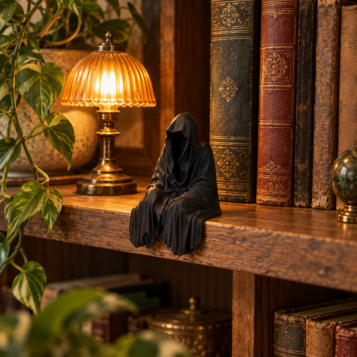 Black Grim Reaper Chillin seated decorative figure displayed beside books and warm lamp light