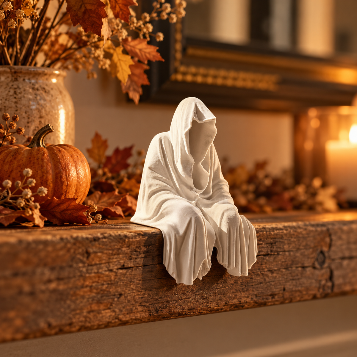 White Grim Reaper Chillin seated decorative figure styled with pumpkins, leaves and seasonal décor