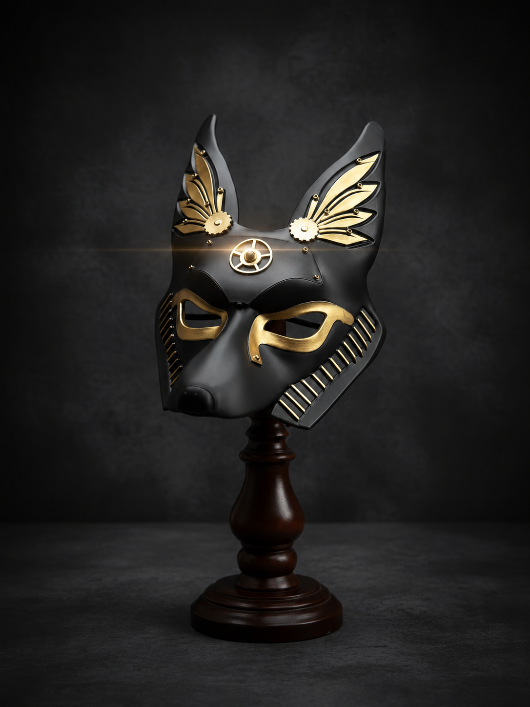 Black and gold Anubis Mask shown in a clean product view