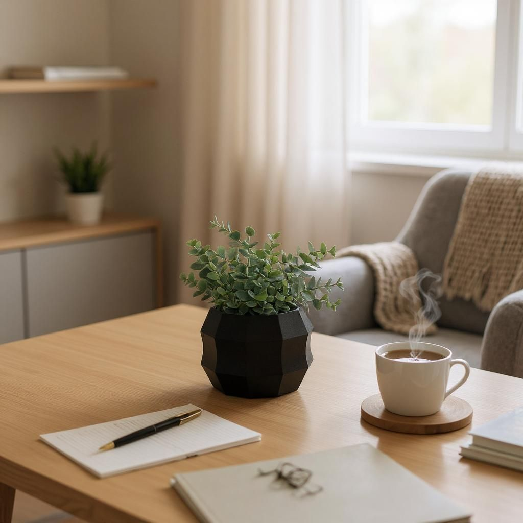 Hexagonal Flowerpot — black with eucalyptus on coffee table with tea and notepad