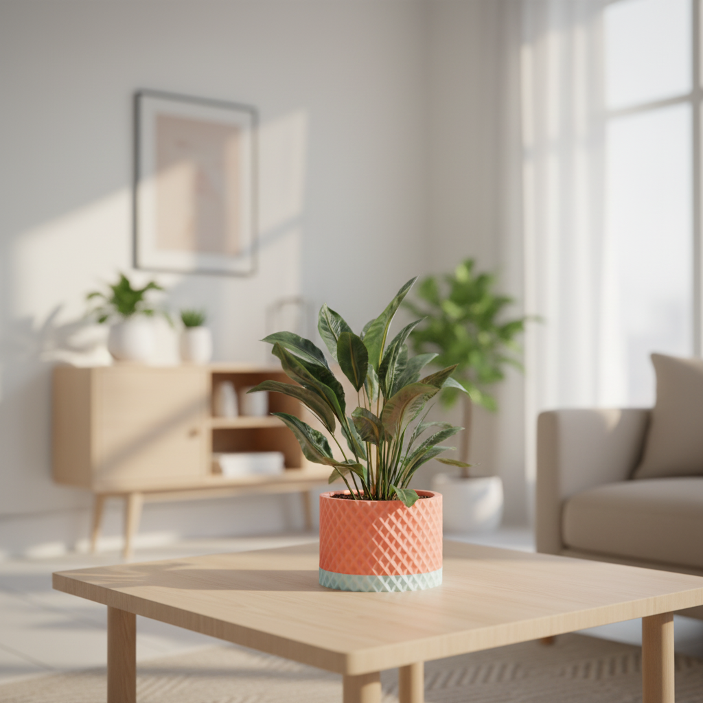 Modern Geometric Planter clean cylinder raised diamond lattice texture coral salmon pink upper body soft mint green lower band two-tone finish holding tropical plant peace lily pale oak coffee table bright minimal living room soft morning window light hero shot