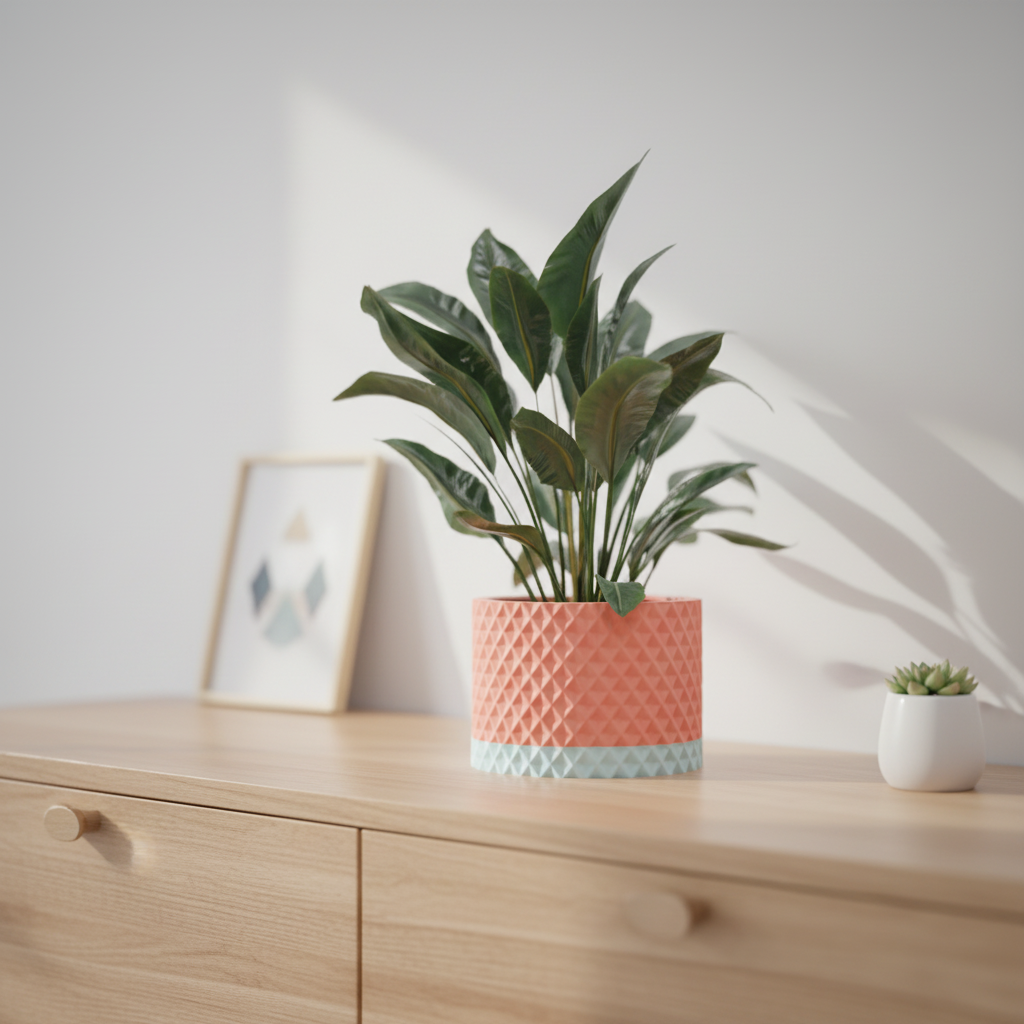 Modern Geometric Planter clean cylinder raised diamond lattice texture coral salmon pink upper body soft mint green lower band two-tone finish holding tropical plant pale oak sideboard white wall framed art print small succulent white pot sideboard editorial hero shot