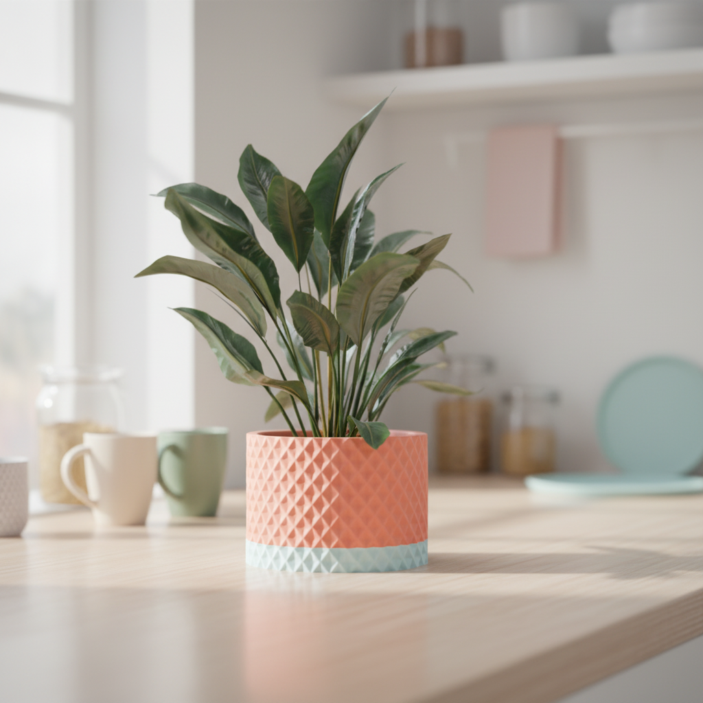 Modern Geometric Planter clean cylinder raised diamond lattice texture coral salmon pink upper body soft mint green lower band two-tone finish holding tropical plant pale oak kitchen counter beige sage green mugs teal plate shelf morning window light editorial hero shot