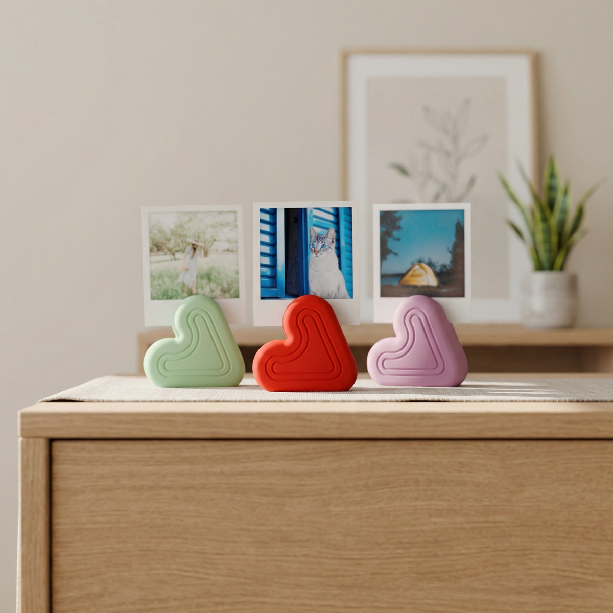 Heart Photo Holder Stand green red purple trio on pale oak chest of drawers framed art and plant behind lifestyle render
