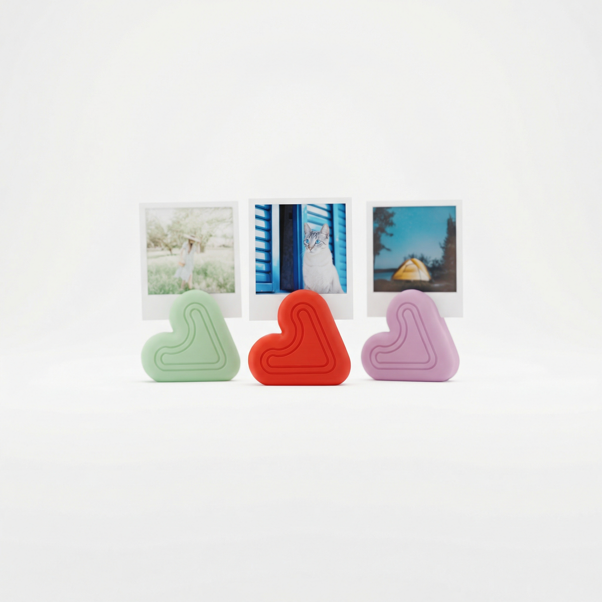 Heart Photo Holder Stand green red purple trio clean white background product lineup shot polaroid photos