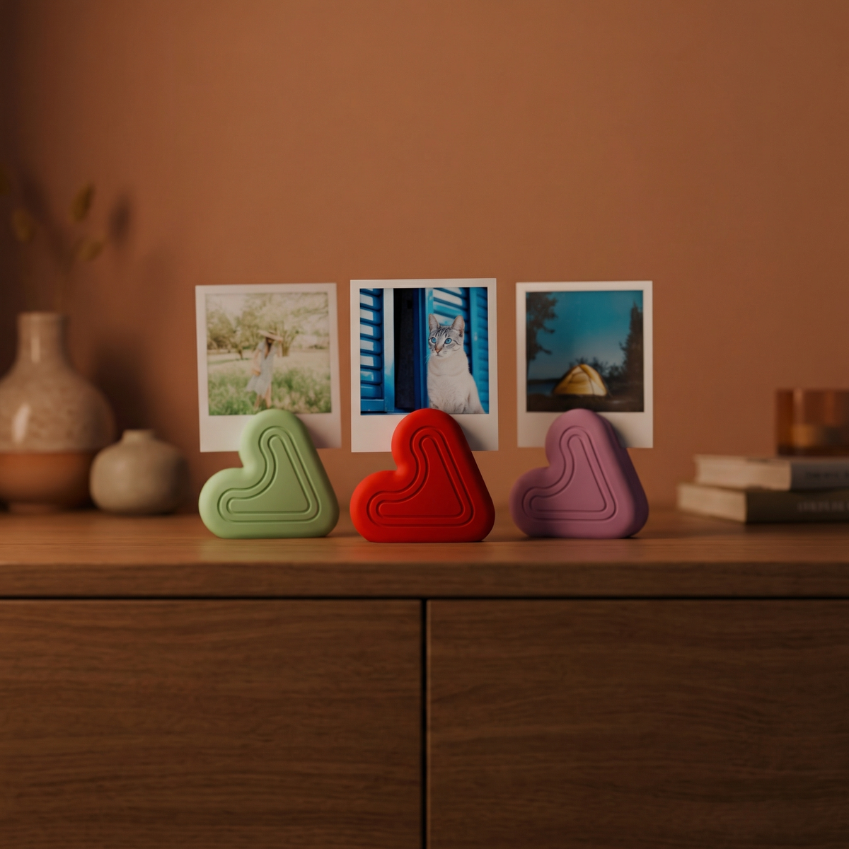 Heart Photo Holder Stand green red purple trio warm terracotta sideboard with ceramic vases and books lifestyle render