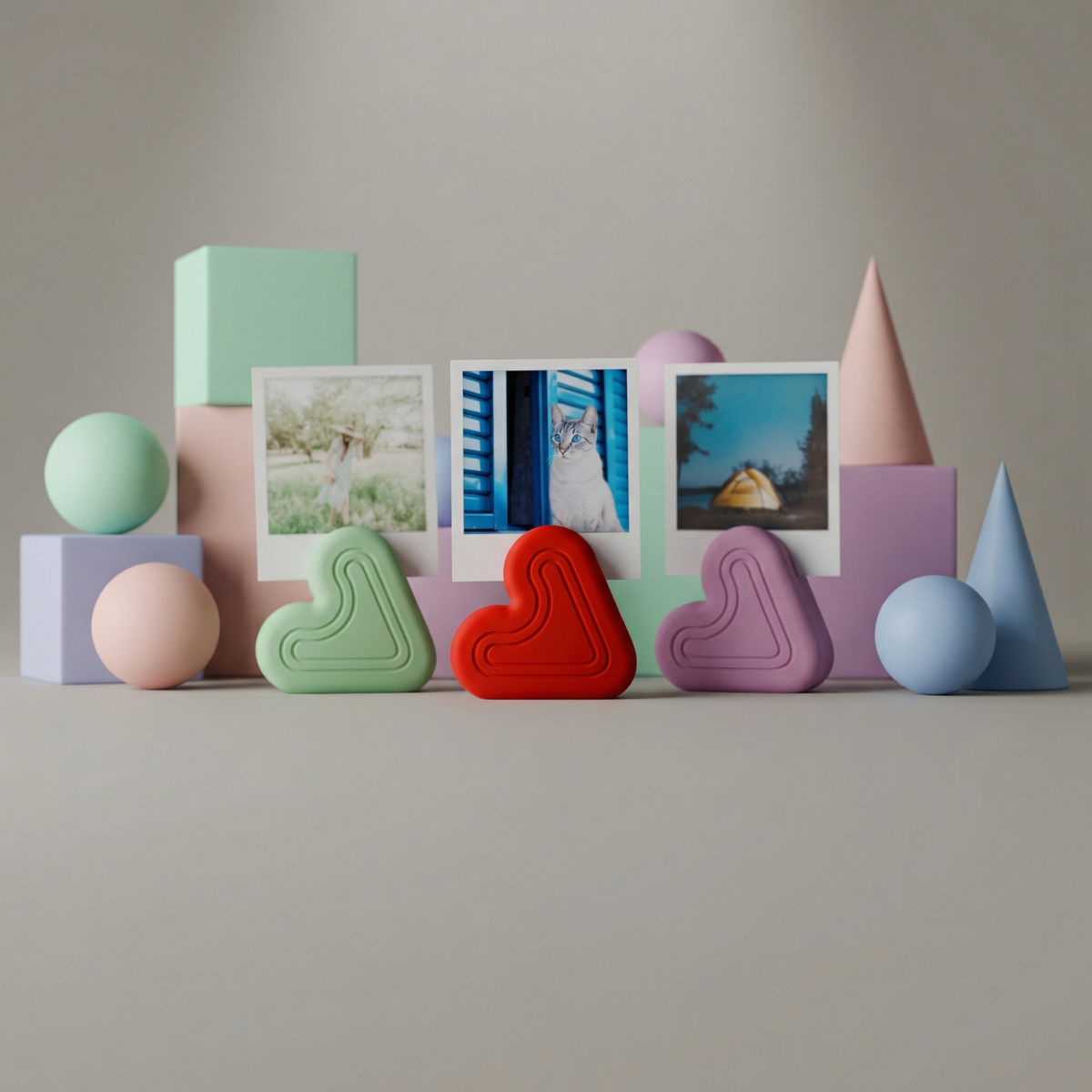 Heart Photo Holder Stand green red purple trio pastel geometric blocks spheres cones render colourful background