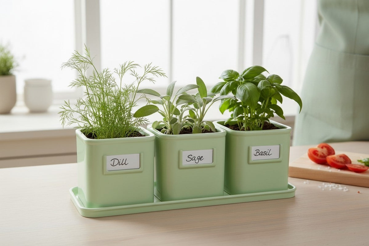 Herb Pot Set with Saucer Tray — Self-Watering Kitchen Planter