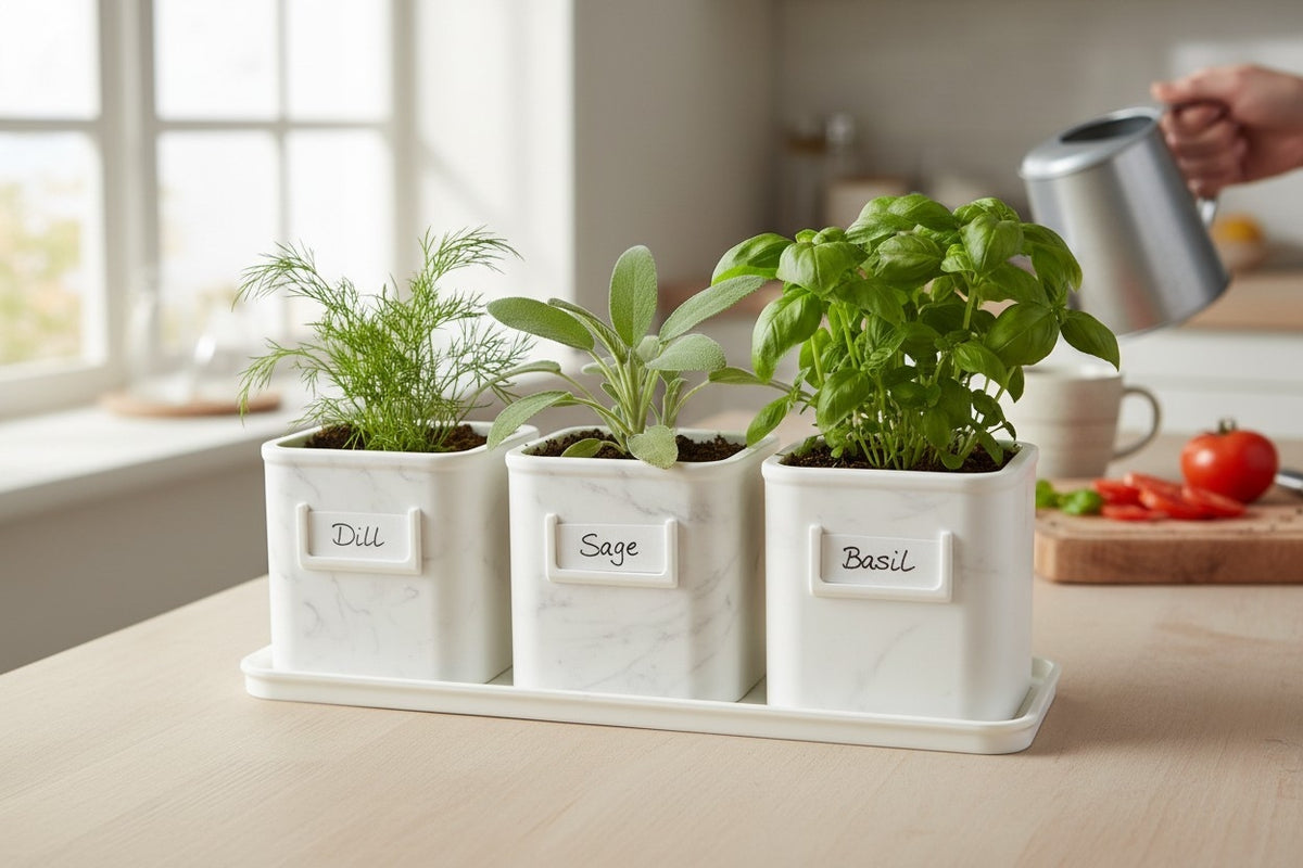 Herb Pot Set with Saucer Tray — Self-Watering Kitchen Planter