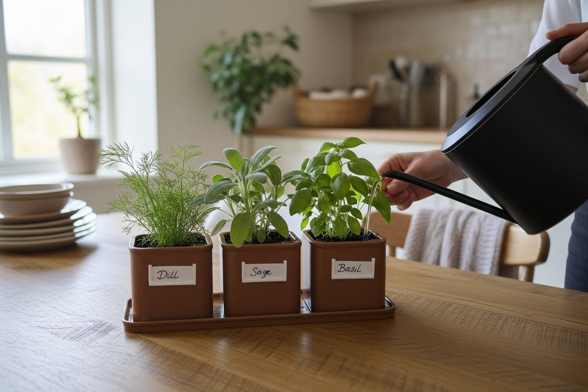 Herb Pot Set with Saucer Tray — Self-Watering Kitchen Planter