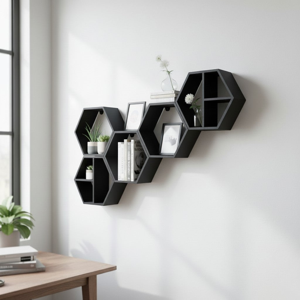 Modular hexagonal shelf set