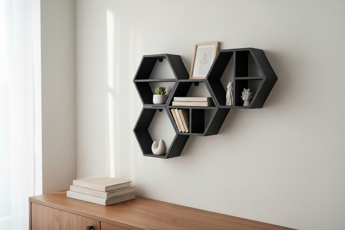 Modular Hexagonal Shelf Set — Set of 5 Wall Shelves