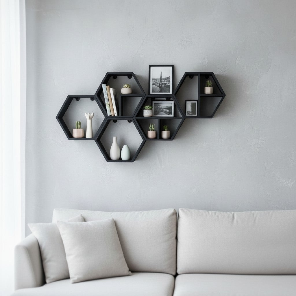 Modular hexagonal shelf set