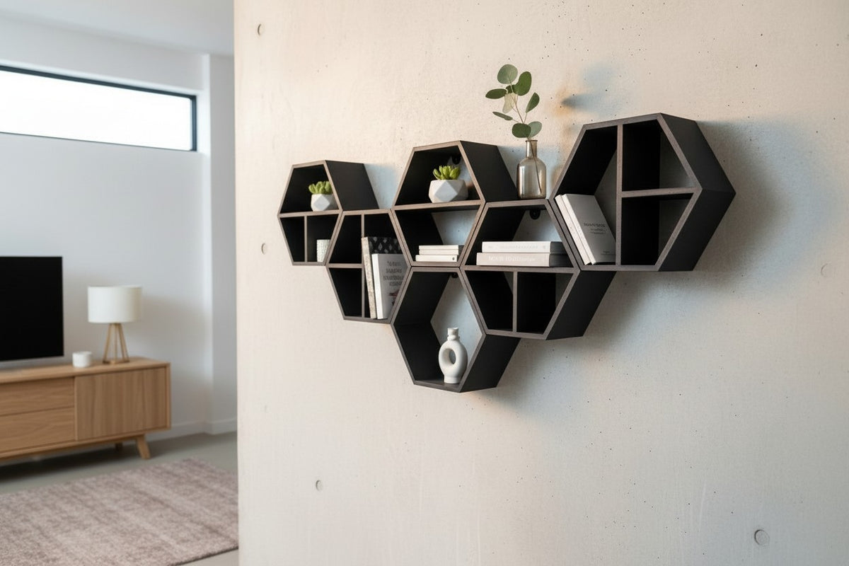 Modular Hexagonal Shelf Set — Set of 5 Wall Shelves