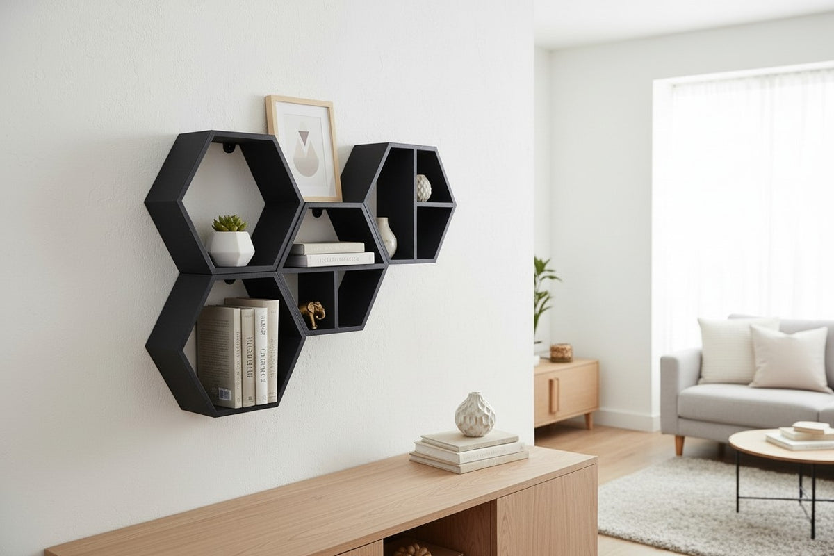 Modular Hexagonal Shelf Set — Set of 5 Wall Shelves