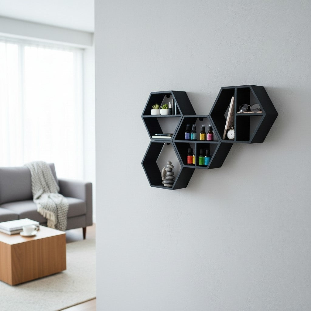 Modular hexagonal shelf set