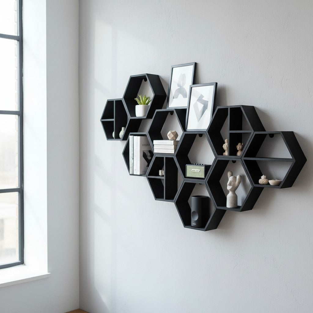 Modular hexagonal shelf set