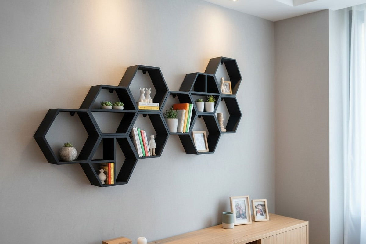 Modular Hexagonal Shelf Set — Set of 5 Wall Shelves
