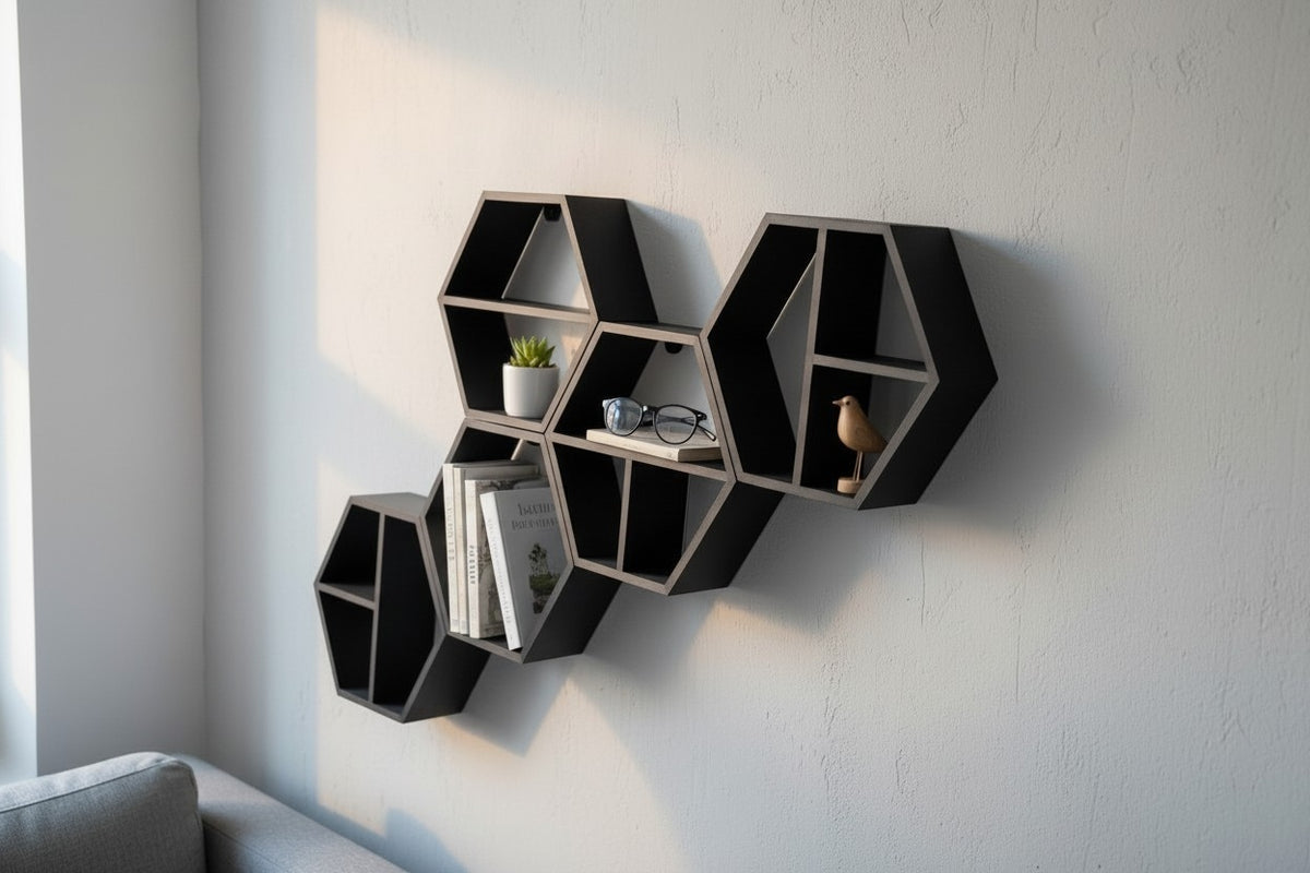 Modular Hexagonal Shelf Set — Set of 5 Wall Shelves