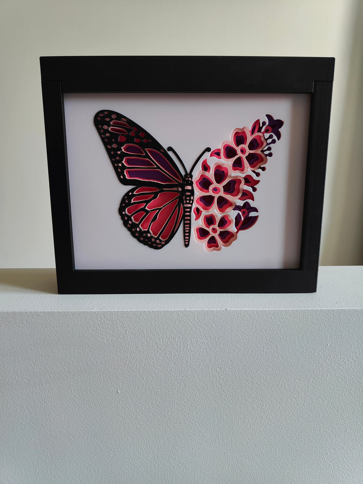 Butterfly shadow box - front view in black frame on white shelf