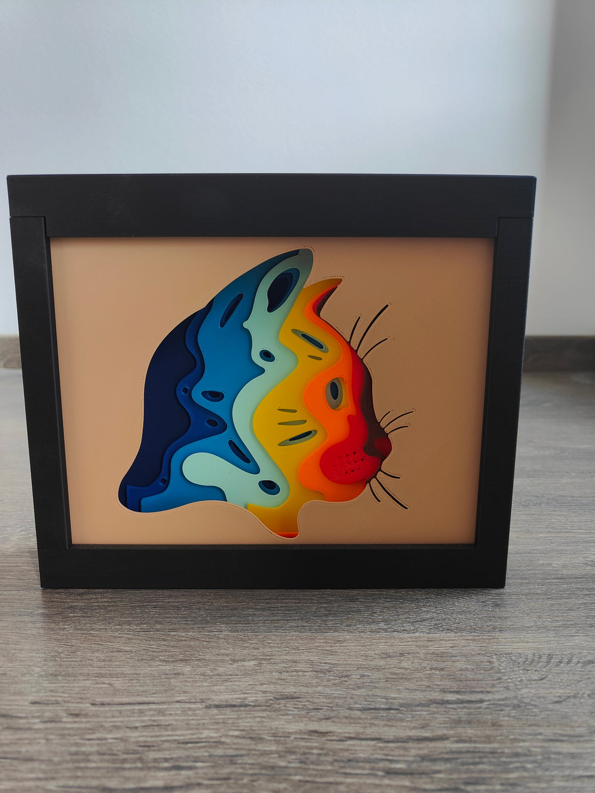 Cat shadow box - front view in black frame on wooden surface