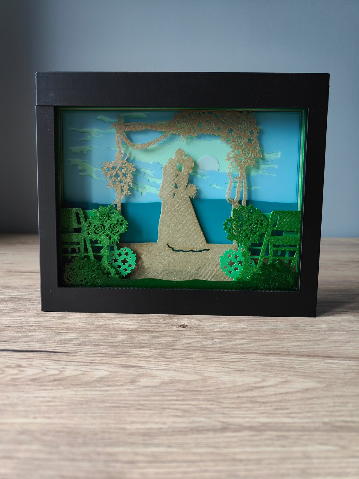Wedding shadow box - front view showing full garden scene with rose topiary trees