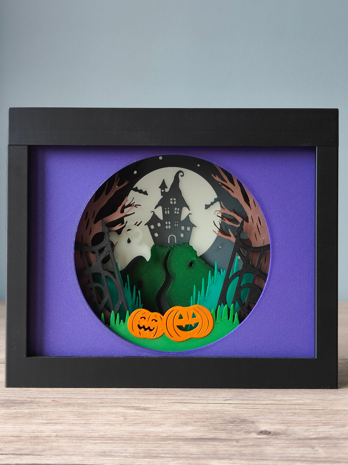 Halloween Shadow Box - haunted mansion front view with purple backlight