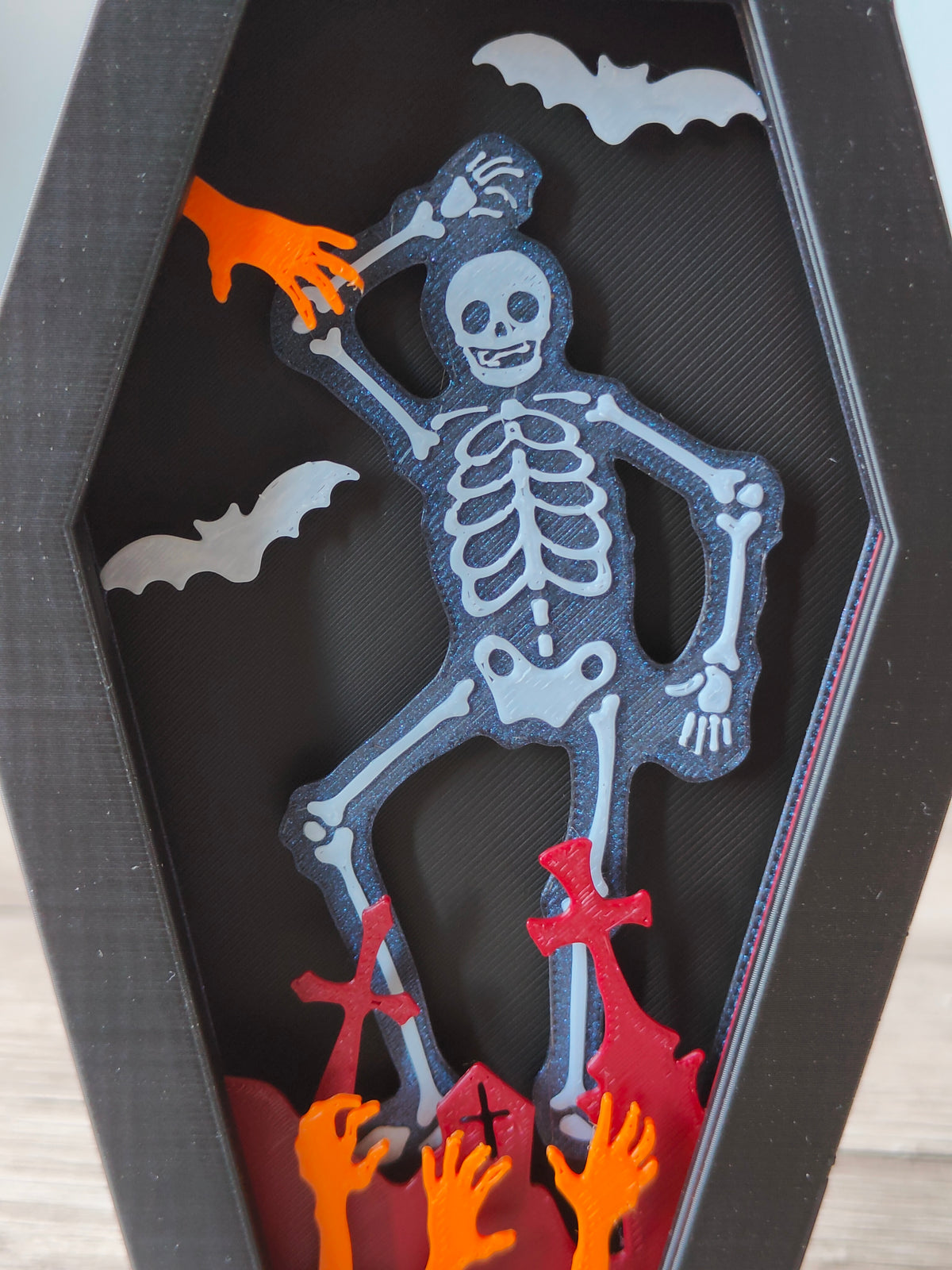 Halloween Coffin Shadow Box - back of door showing tab and friction lock